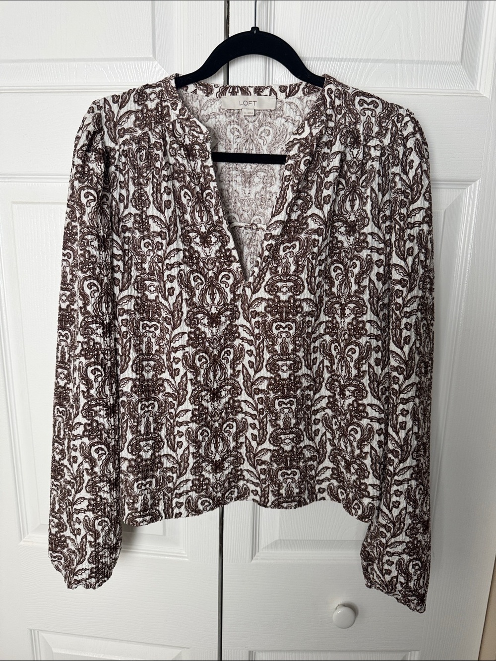 LOFT Brown & White Printed V-Neck Peasant Blouse